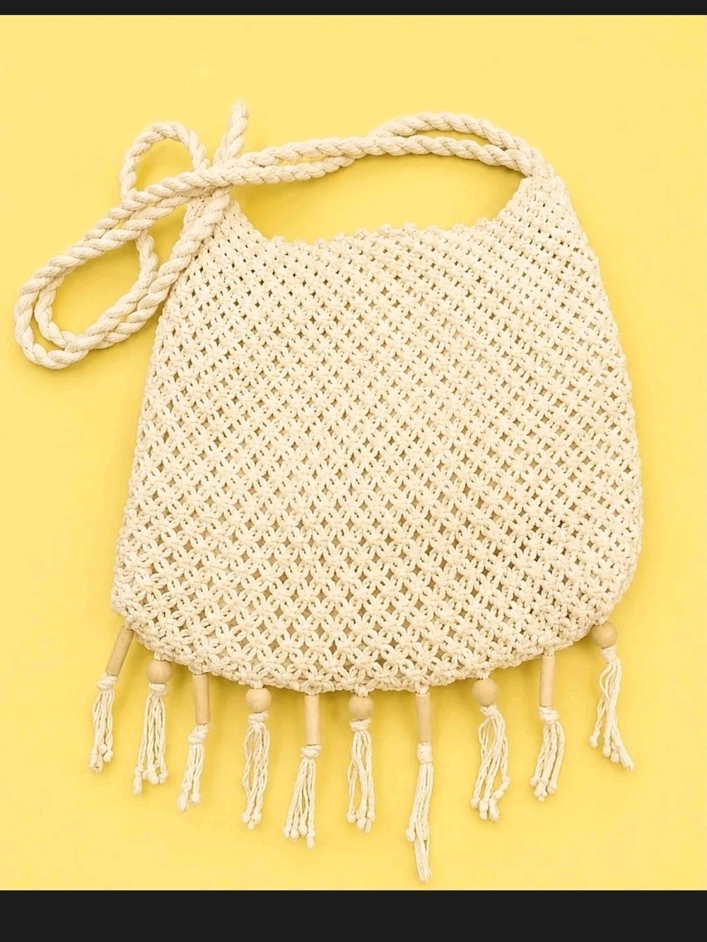 Cream Macramé Fringe Shoulder Bag - Boho Crochet Tote